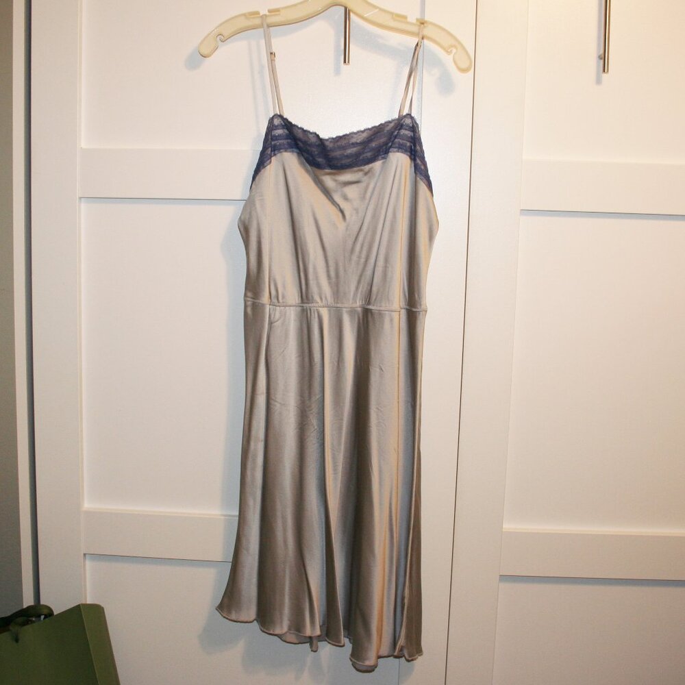 Free People Silk Slip Dress in Silvery Grey with Blue Lace Trim Size L